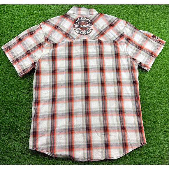 Harley Davidson Button Up Shirt L Plaid Orange Gray Short Sleeve Motorclothes - Picture 2 of 10